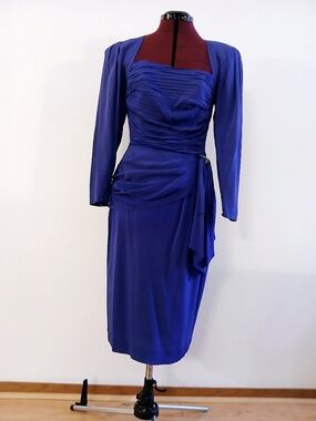 Vintage 1980s Blue Size S Square Neck Open Back Long Sleeve Fitted Party Dress